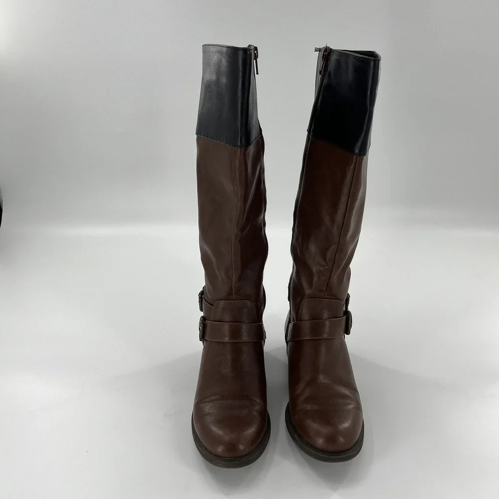 Nine West‎ Riding Boot Women 6.5 M Brown and Black Tall Strap Zip Buckle Leorawm